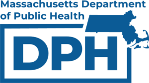 Massachusetts Department of Public Health Logo. Blue rectangle frame with state map in right corner