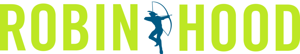 Green letters centered around illustration of blue man holding a bow with arrow drawn