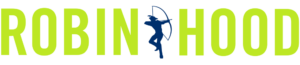 Robin Hood logo green letter with silhouette of archer in blue